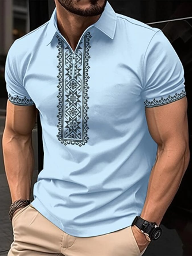 Camisa polo retro Tribal Pattern Colorblock Lapel Zipper Pullover casual