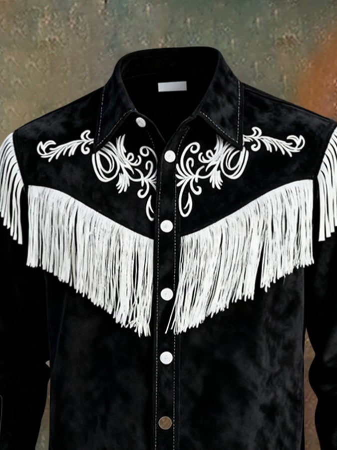 Camisa vintage Patchpara trabajo Color-Block gamuza de manga larga With Tassels para hombre