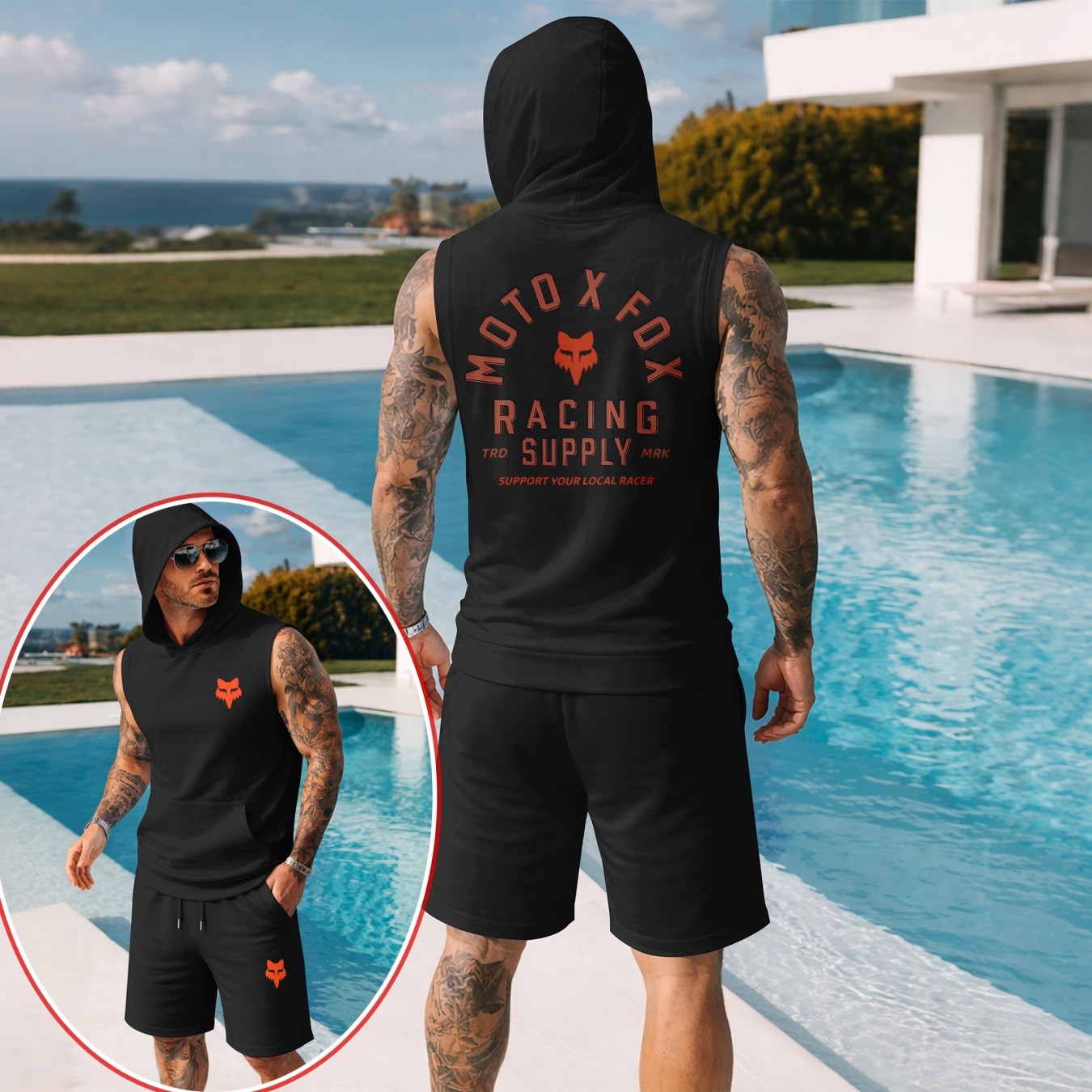Conjunto de dos piezas : retro-estampado Hooded Vest & shorts — Regular Fit, casual Sporty Style, Sleeveless Top & shorts; Summer Apparel para hombre