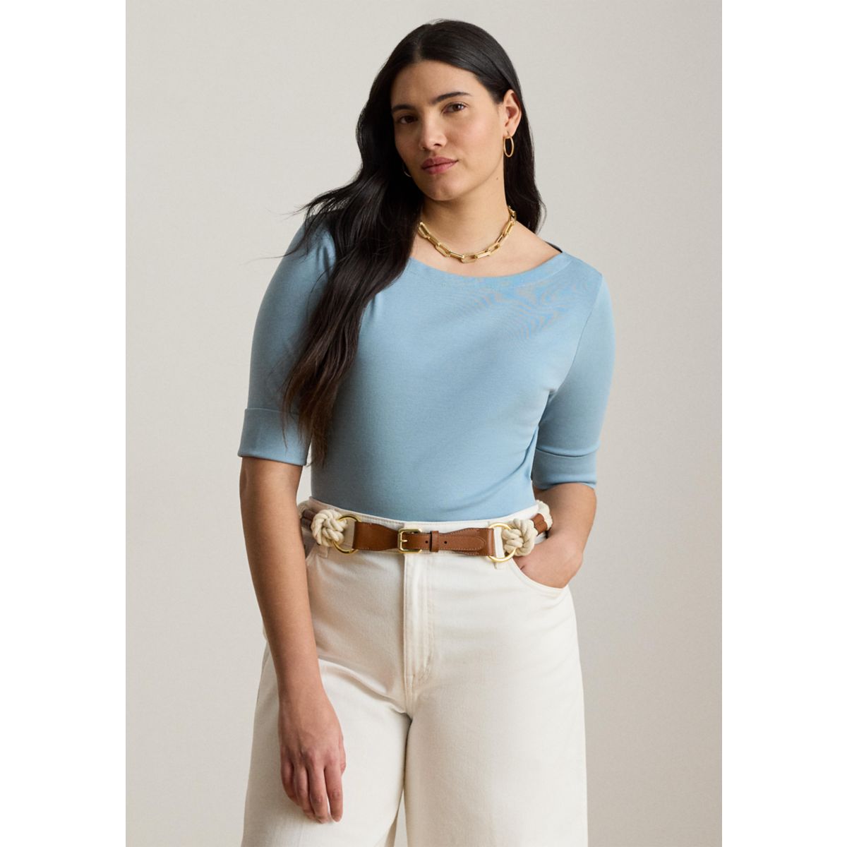 Plus Size Cotton Boat Neck T-Shirt - 6