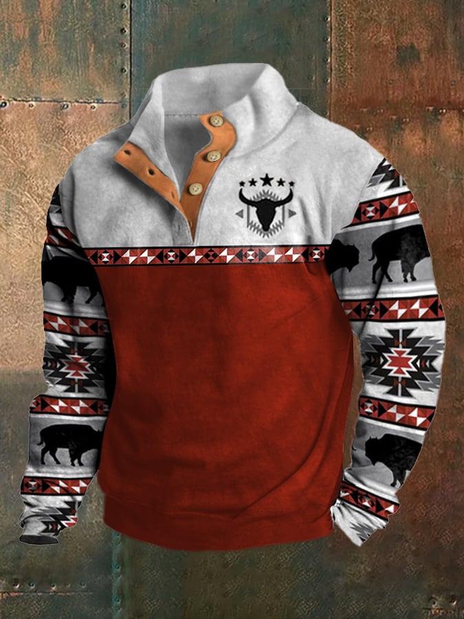 Sudadera Western Style estampado Stand cuello Button para hombre