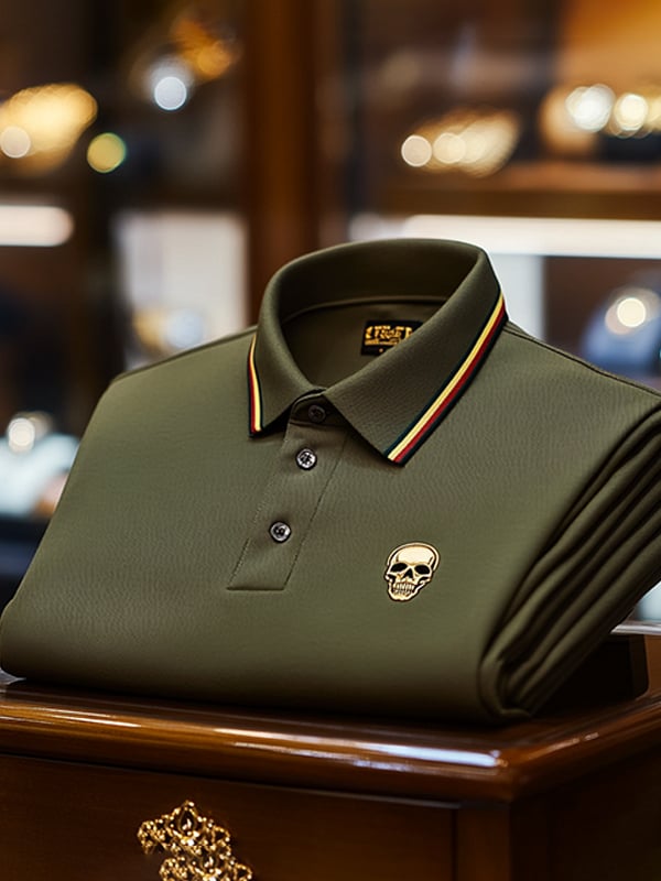 Camisa polo ejecutivo casual Skull estampado con botones para hombre