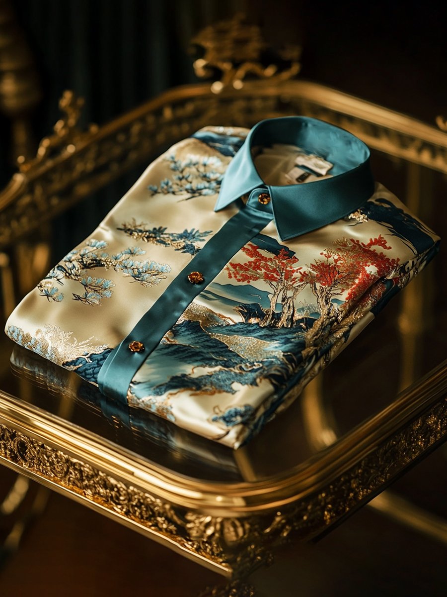 Camisa satén de lujo ejecutivo Ukiyo-E de manga larga para hombre