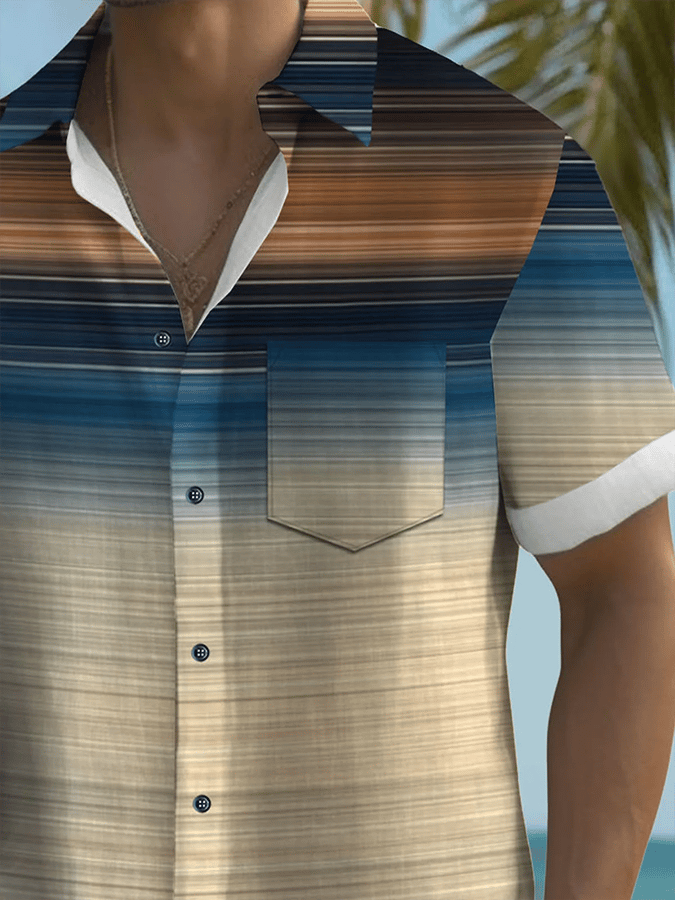 Camisa retro degradado geométrico Art estampado de manga corta bolsillos para hombre