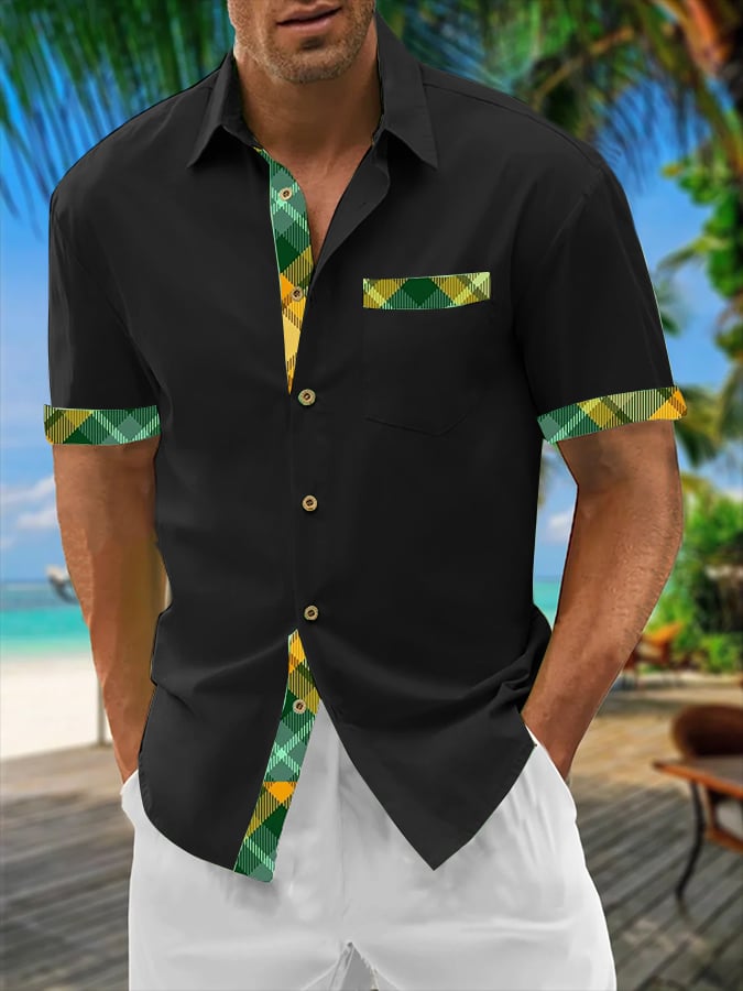 Camisa Resort Style Contrast estampado casual de manga corta para hombre