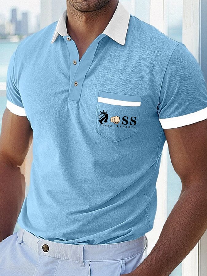 Camisa polo casual Comfortable transpirable retro Letter estampado with bolsillos para hombre