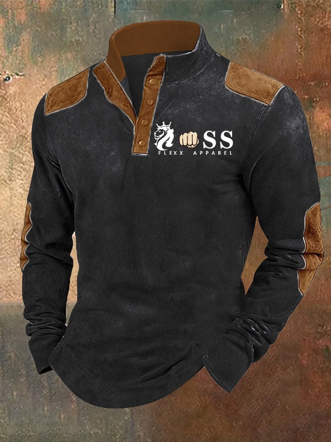 Sudadera retro Letter Contrast Color Design Stand cuello para hombre