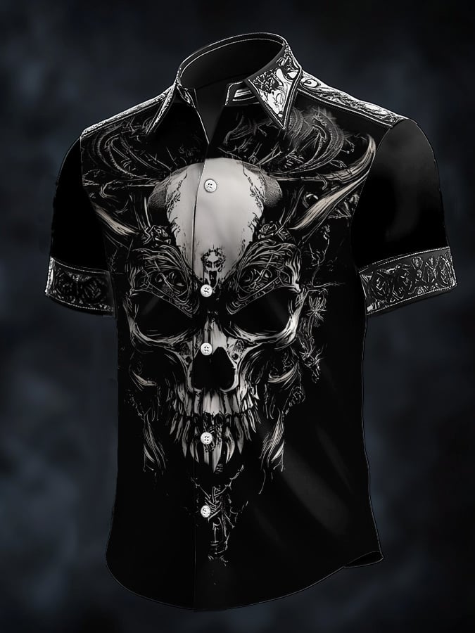 Camisa casual vintage Viking Skull satén para hombre