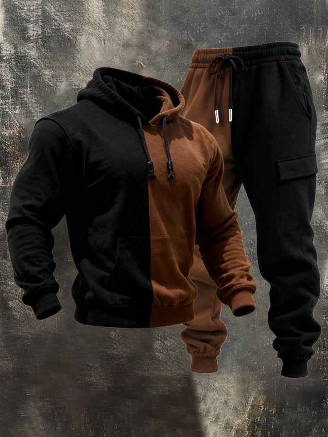 Sudadera retro Stitching Contrast Color Hooded casual Suit para hombre