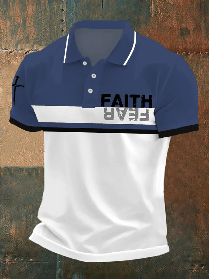 Camisa polo retro Faith “Faith Over Fear�? casual estampado para hombre