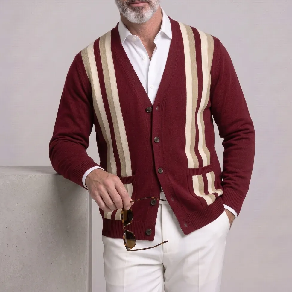 para hombre clásico Contrast a rayas V Neck Single Breasted Patch Pockets tejidoted Cardigan