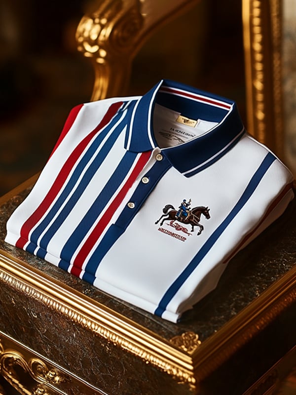 Camisa polo ejecutivo rayas Logo con botones de manga corta para hombre