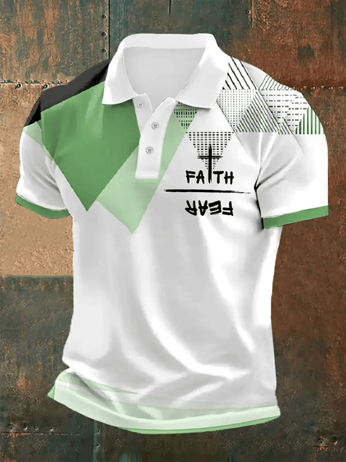 Camisa polo retro Faith “Faith Over Fear�? casual estampado para hombre