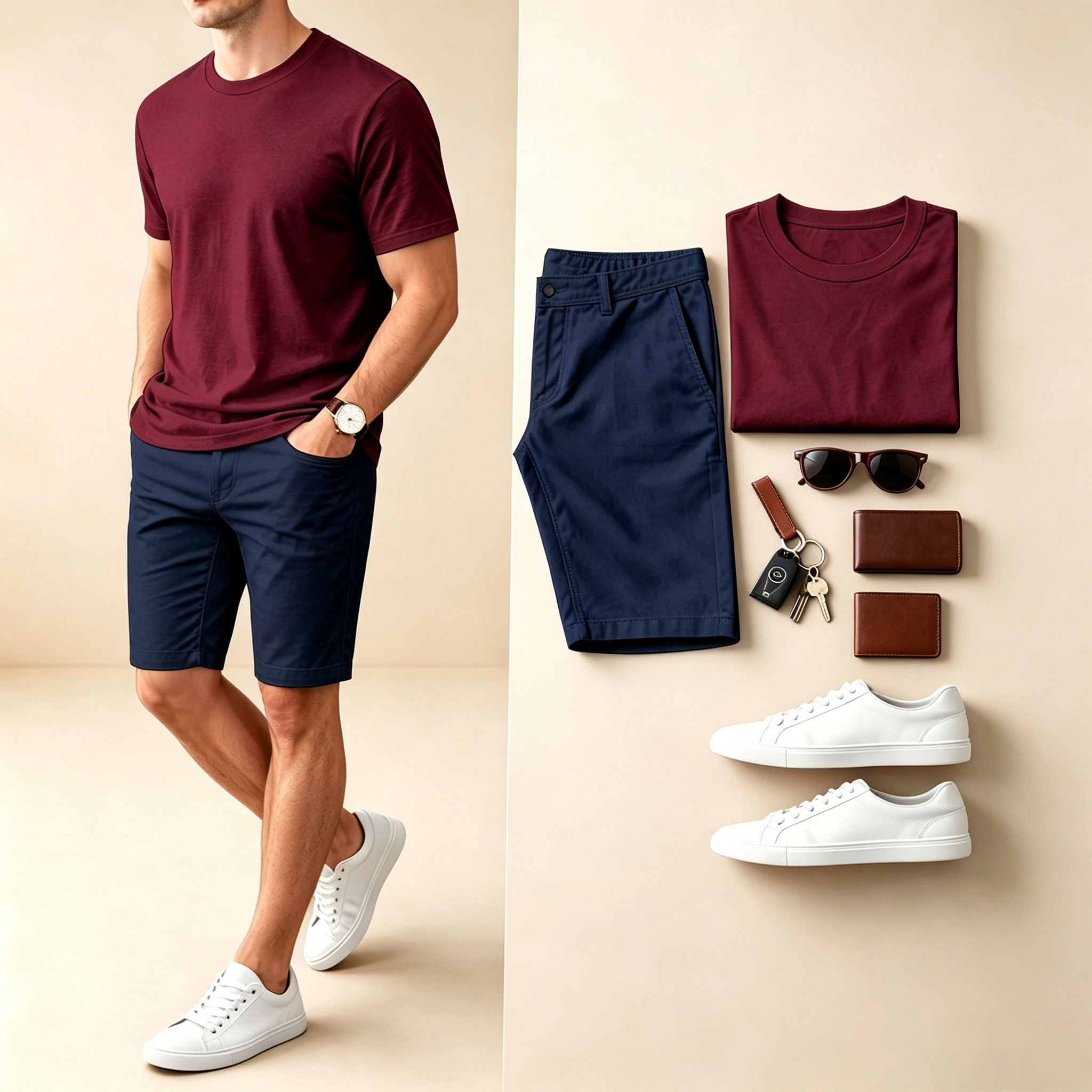 Conjunto de dos piezas casual Solid-Color Crew-Neck de manga corta camiseta And shorts para hombre