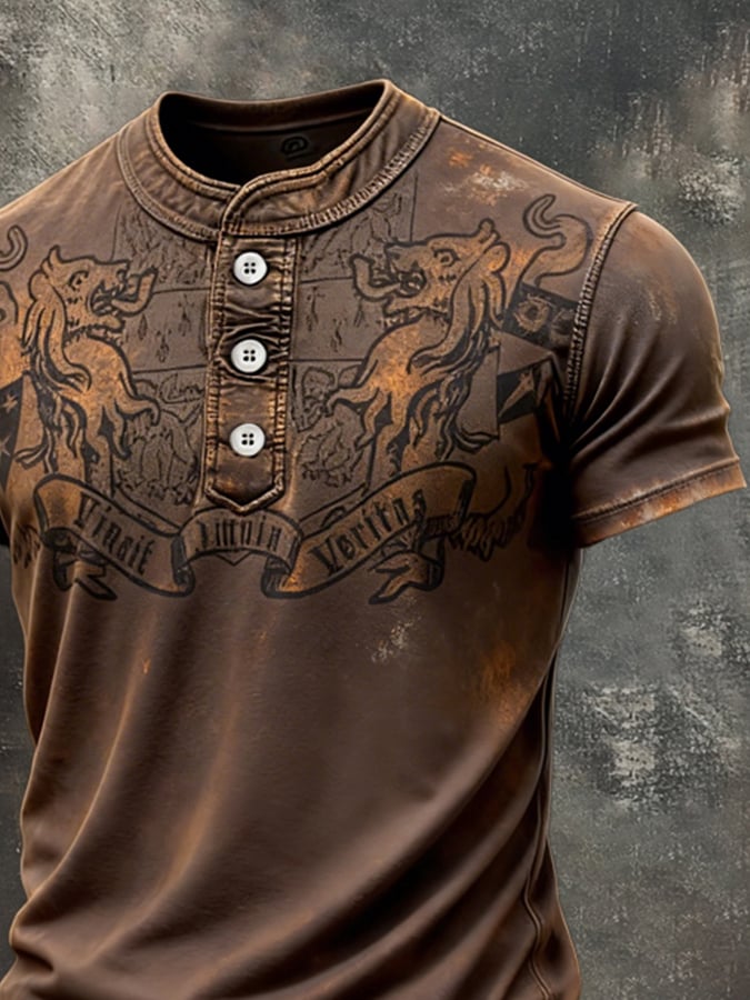 Retro estampado en bloques de color Henley cuello de manga corta Top para hombre