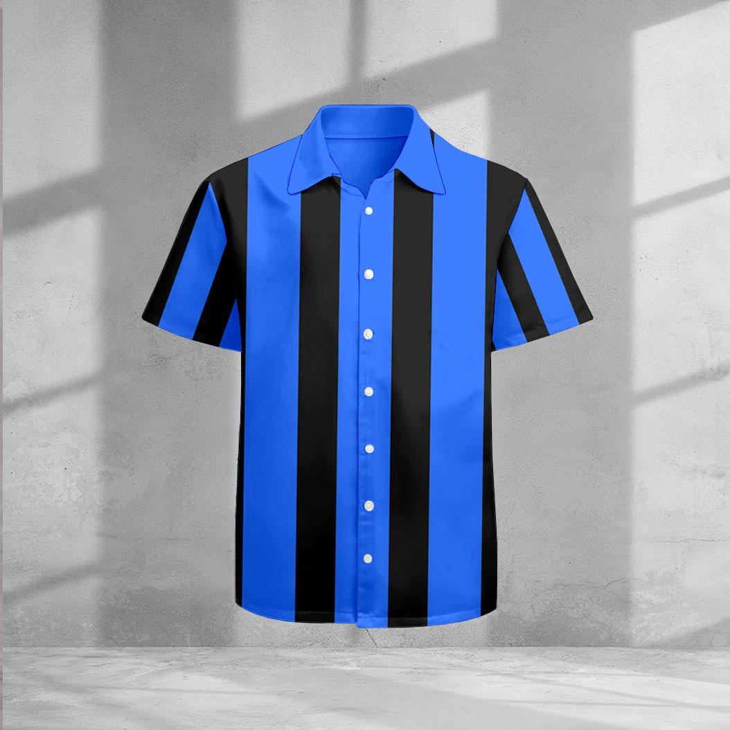 para hombre casual Lapel Royal Blue & Black a rayas estampado de manga corta camisas