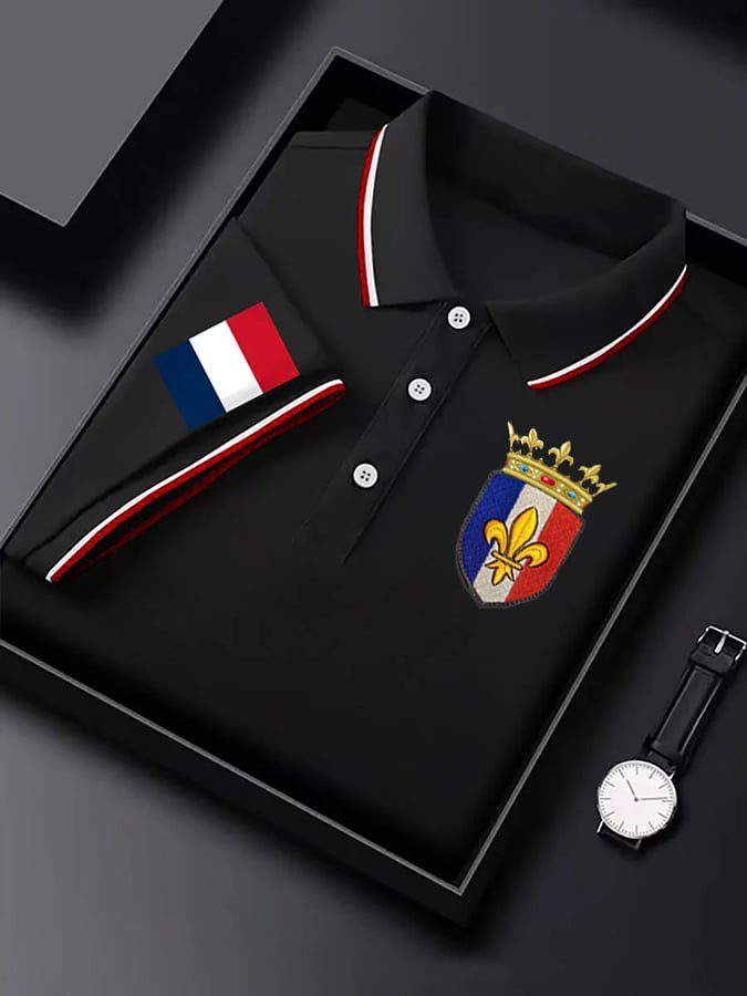 Camisa polo de manga corta French Badge estampado con botones para hombre