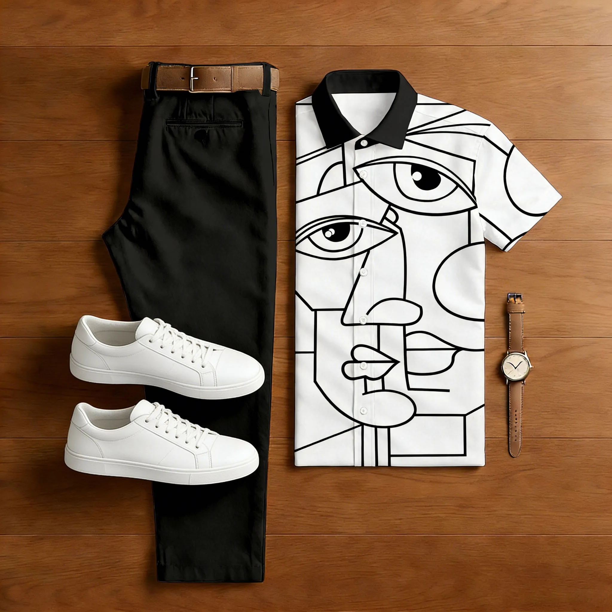 Conjunto de dos piezas casual White & Black sketches estampado camisa polo And Trousers para hombre