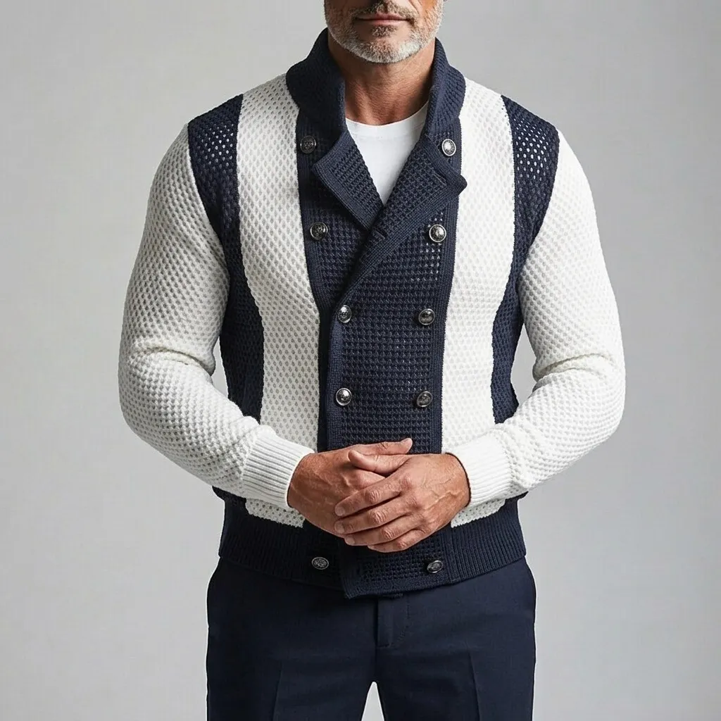 para hombre Colorblock Stand Collar Double-Breasted Mesh Hollow Out Cardigan