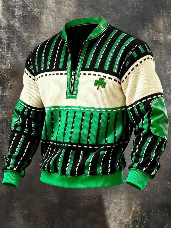 Sudadera (Detachable Shamrock Brooch Included) casual St. Patrick's Day Color-Block Half-Zip Stand-cuello de manga larga para hombre