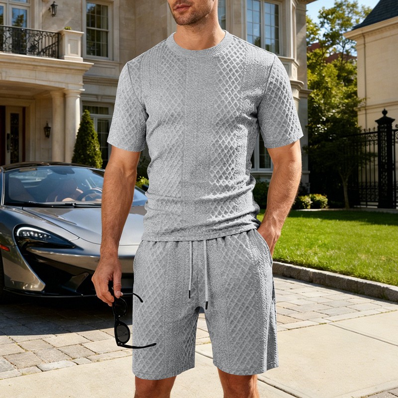 Conjunto de dos piezas Jacquard Summer casual Outfit, Crew Neck de manga corta camiseta and Drawstring shorts Set, Lightweight transpirable holgado Fit Loungewear, Comfortable elegante Set for para uso diario Wear Beach Vacation Travel Streetwear para hombre