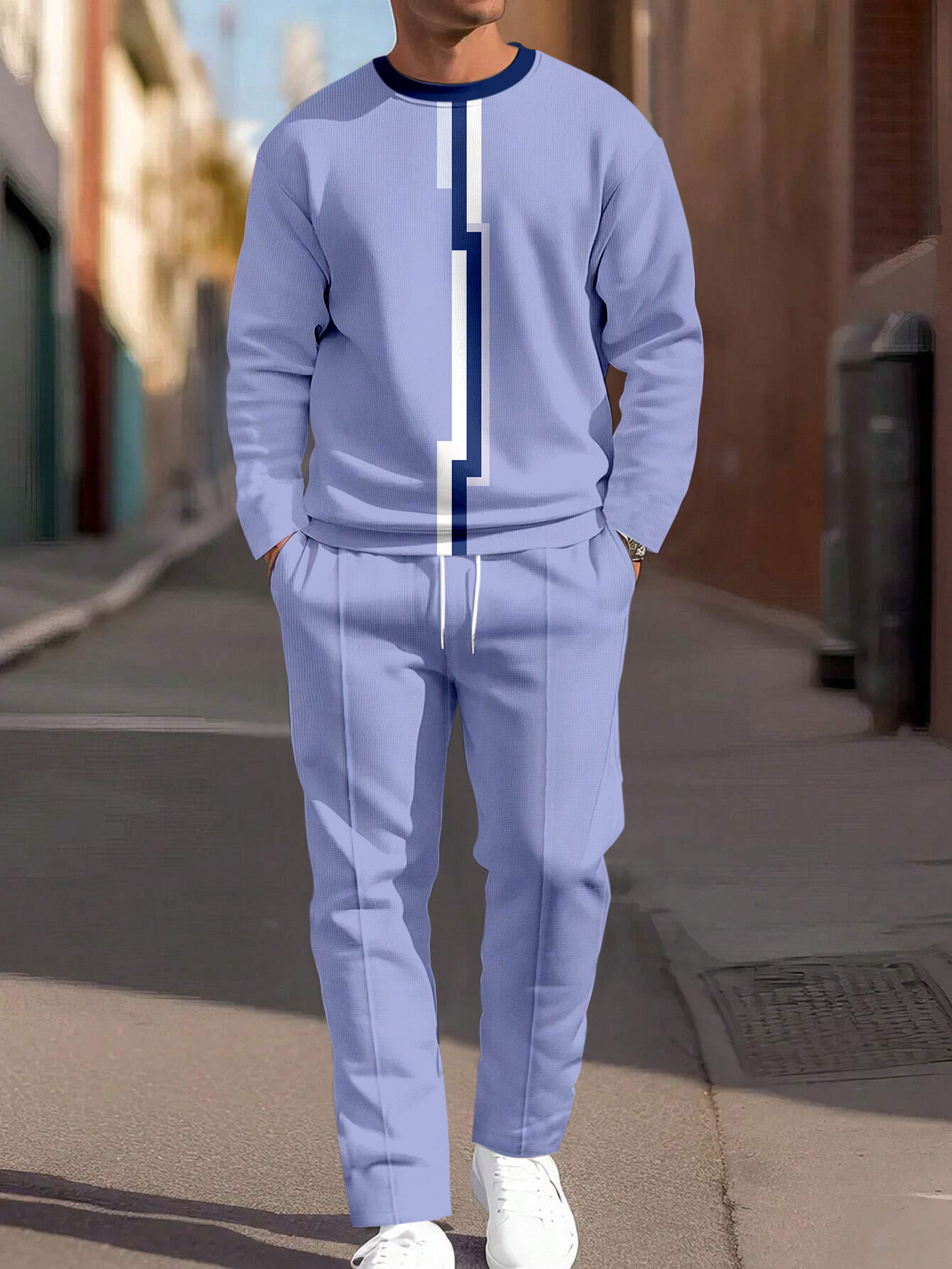 Simple Colorblock Round Neck casual Sports Set 081 para hombre