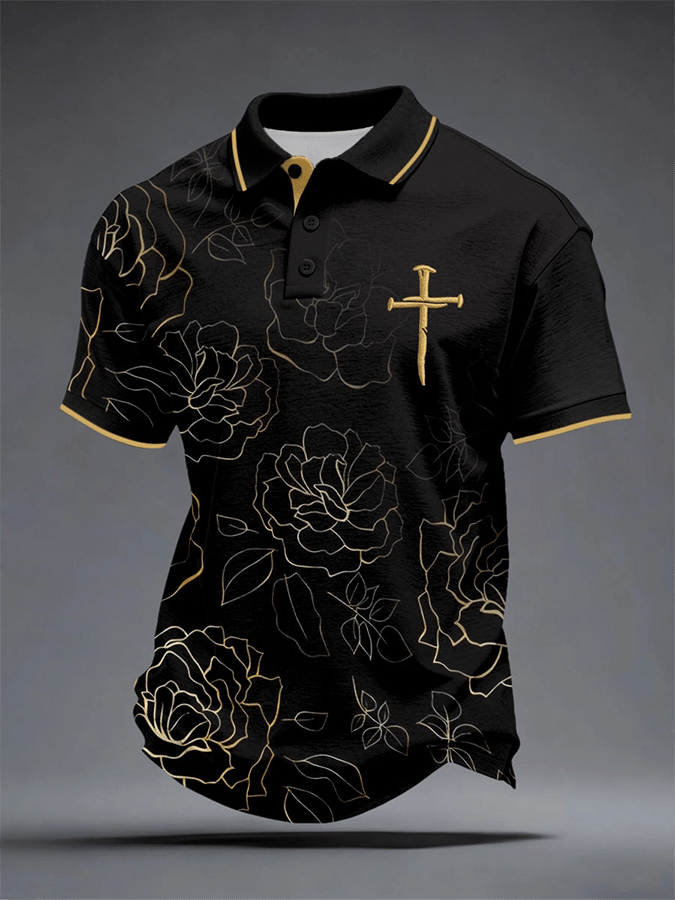 Camisa polo retro Faith Cross estampado casual para hombre