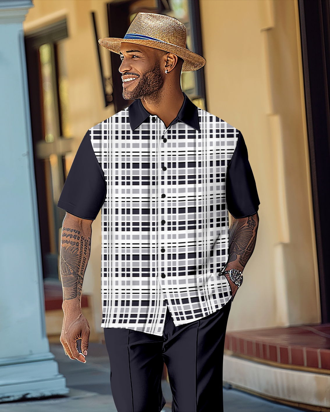 Camisa retro Gorgeous de manga corta Walking Suit 1067 para hombre