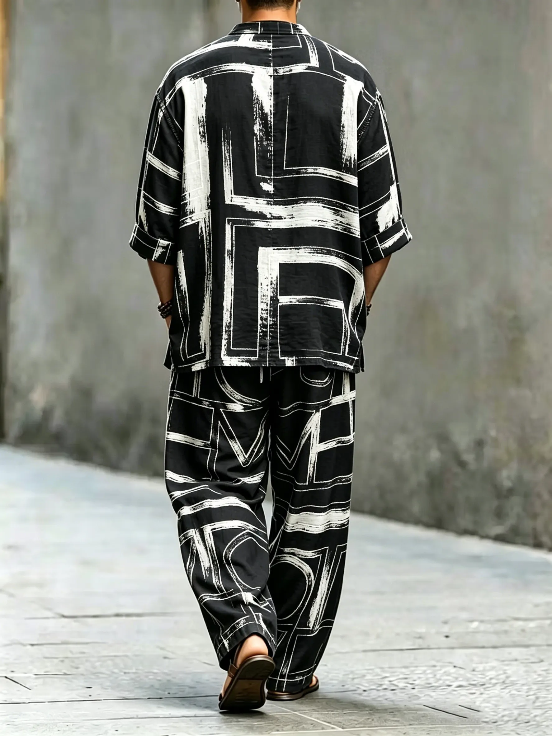 para hombre vintage Abstract Art estampado de algodón camisa Set (Top & pantalón)