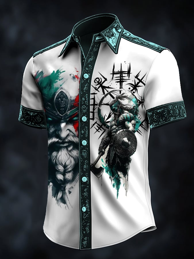 Camisa casual vintage Viking portrait satén para hombre