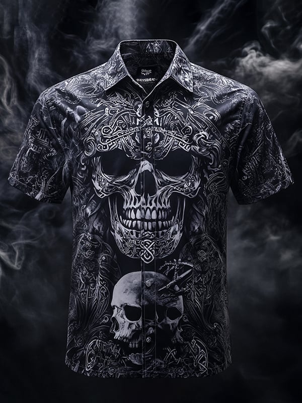 Camisa vintage Skull and floral de manga corta para hombre