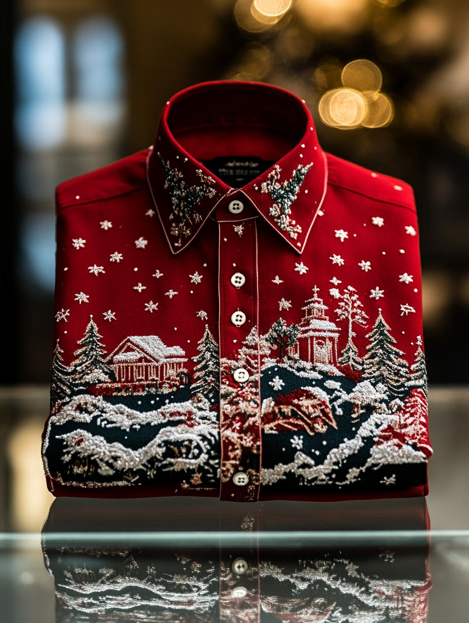 Camisa retro Christmas estampado Santa Gifts de manga larga para hombre