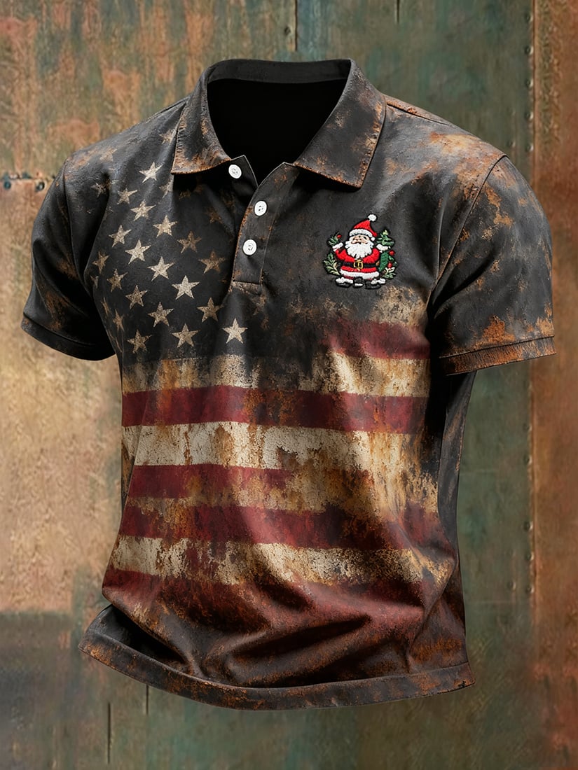 Camisa polo vintage Christmas American Flag con botones de manga corta para hombre