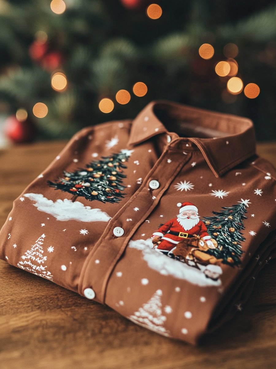 Camisa Christmas ejecutivo de lujo Christmas Tree and Santa Claus de manga larga para hombre