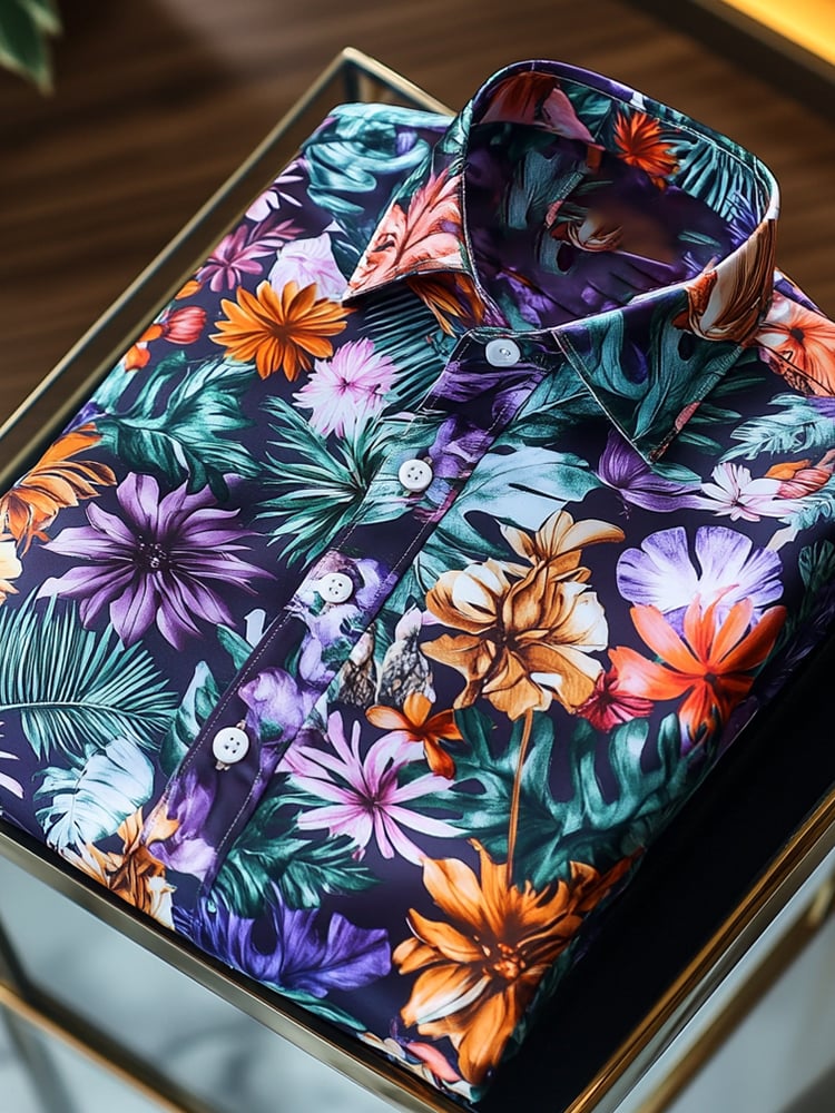 Camisa satén Luxe hawaiano All Over floral de manga corta Button para hombre