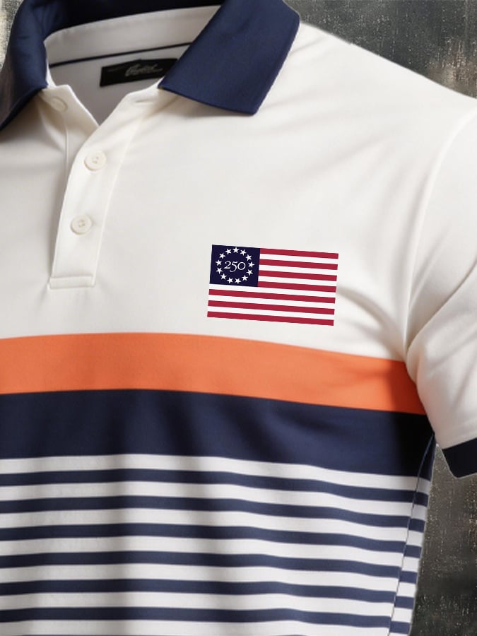 Camisa polo retro Patriotic Color-Block de manga corta para hombre