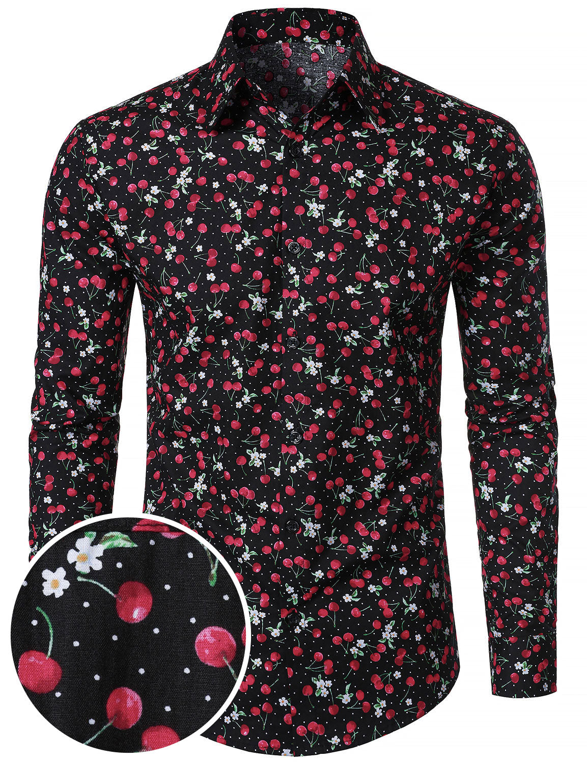 Camisa Cherry estampado transpirable de algodón Black de manga larga para hombre