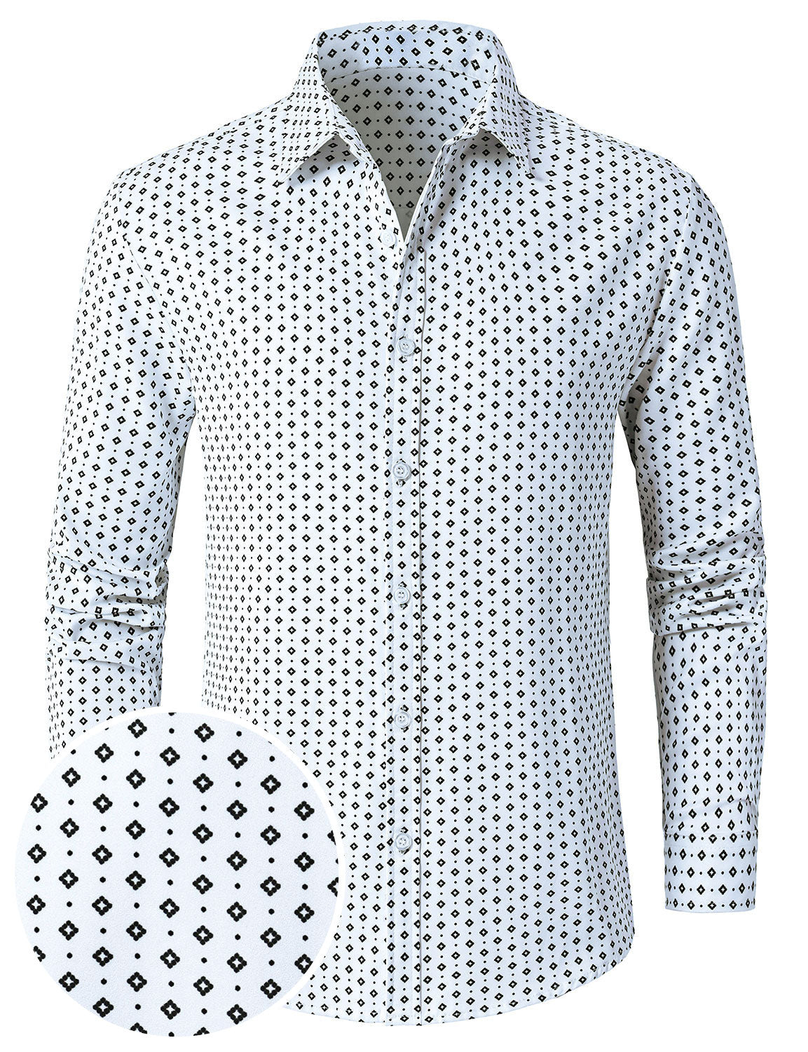 Camisa White retro Geometric estampado de manga larga para hombre