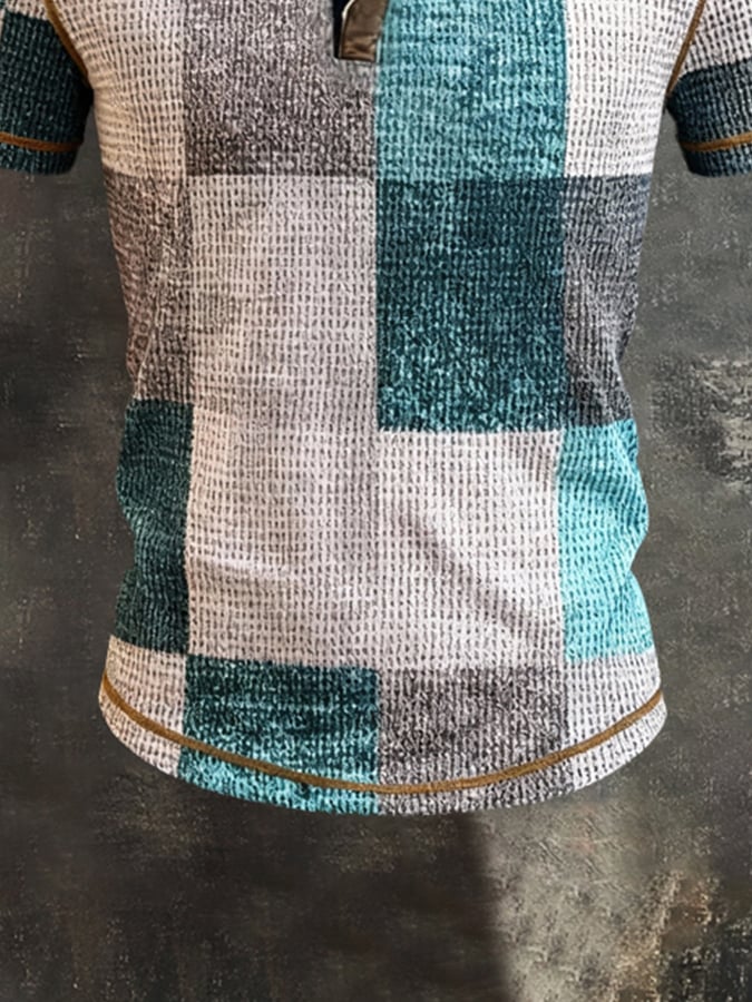 Camiseta vintage-Style Color-Block de manga corta With Henley cuello para hombre