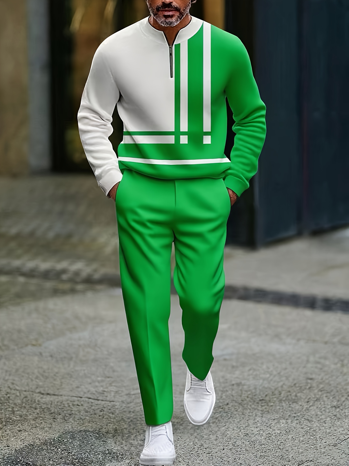 Conjunto de dos piezas casual Green & White Color Matching geométrico estampado Round-Neck cierre de manga larga Tops & Trousers para hombre