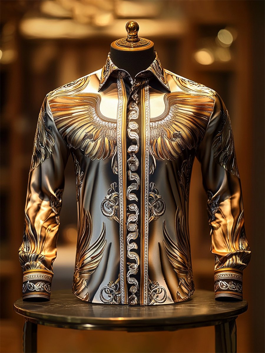 Camisa satén Luxe Wings de manga larga con botones para hombre