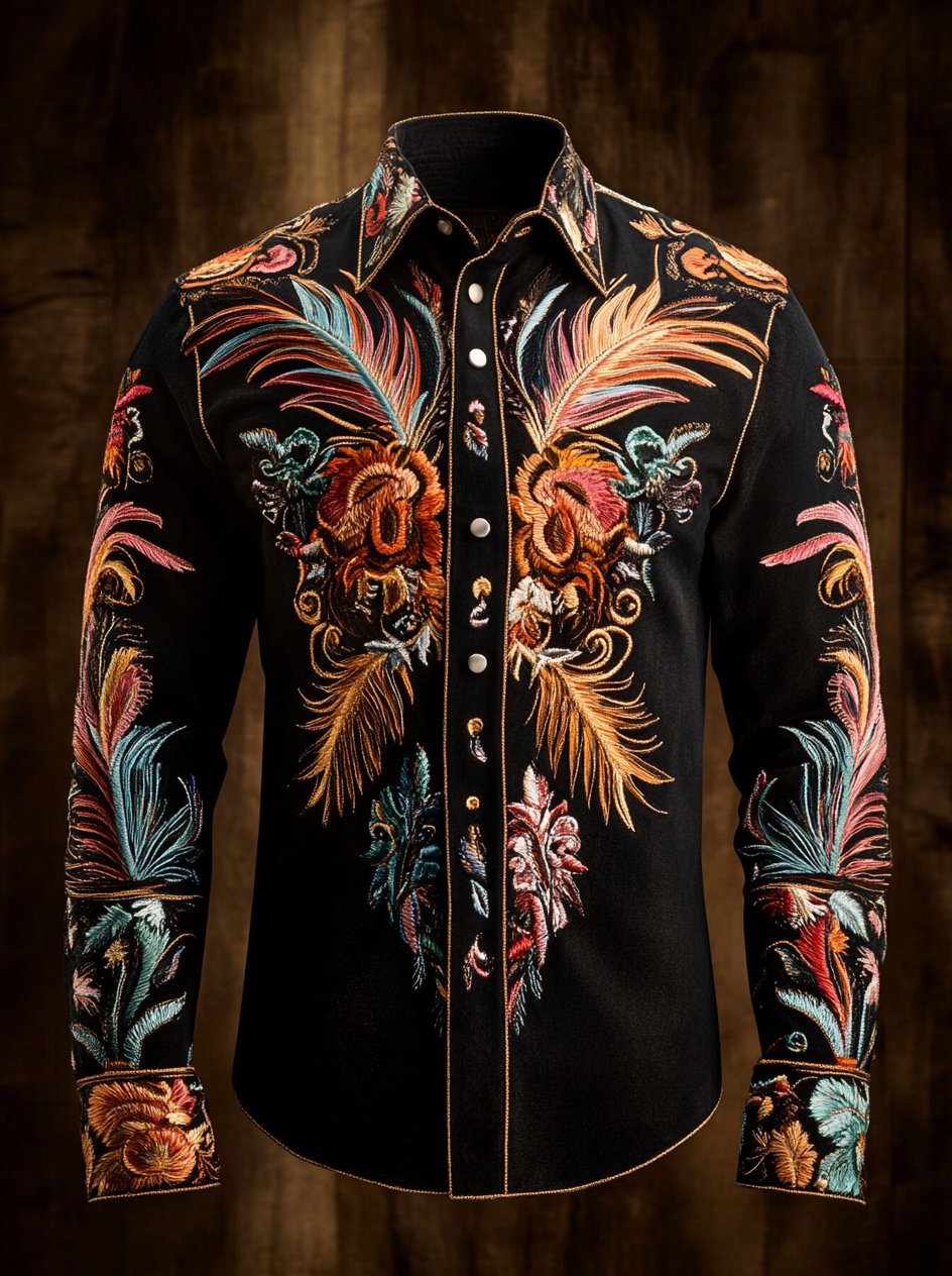 Camisa Western vintage Indian Totem estampado de manga larga para hombre