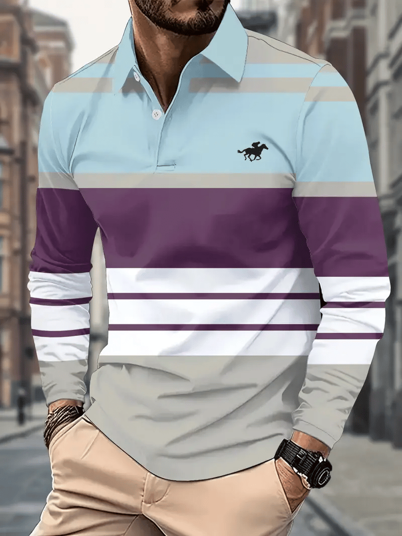 Camisa polo retro ejecutivo rayas estampado de manga larga para hombre