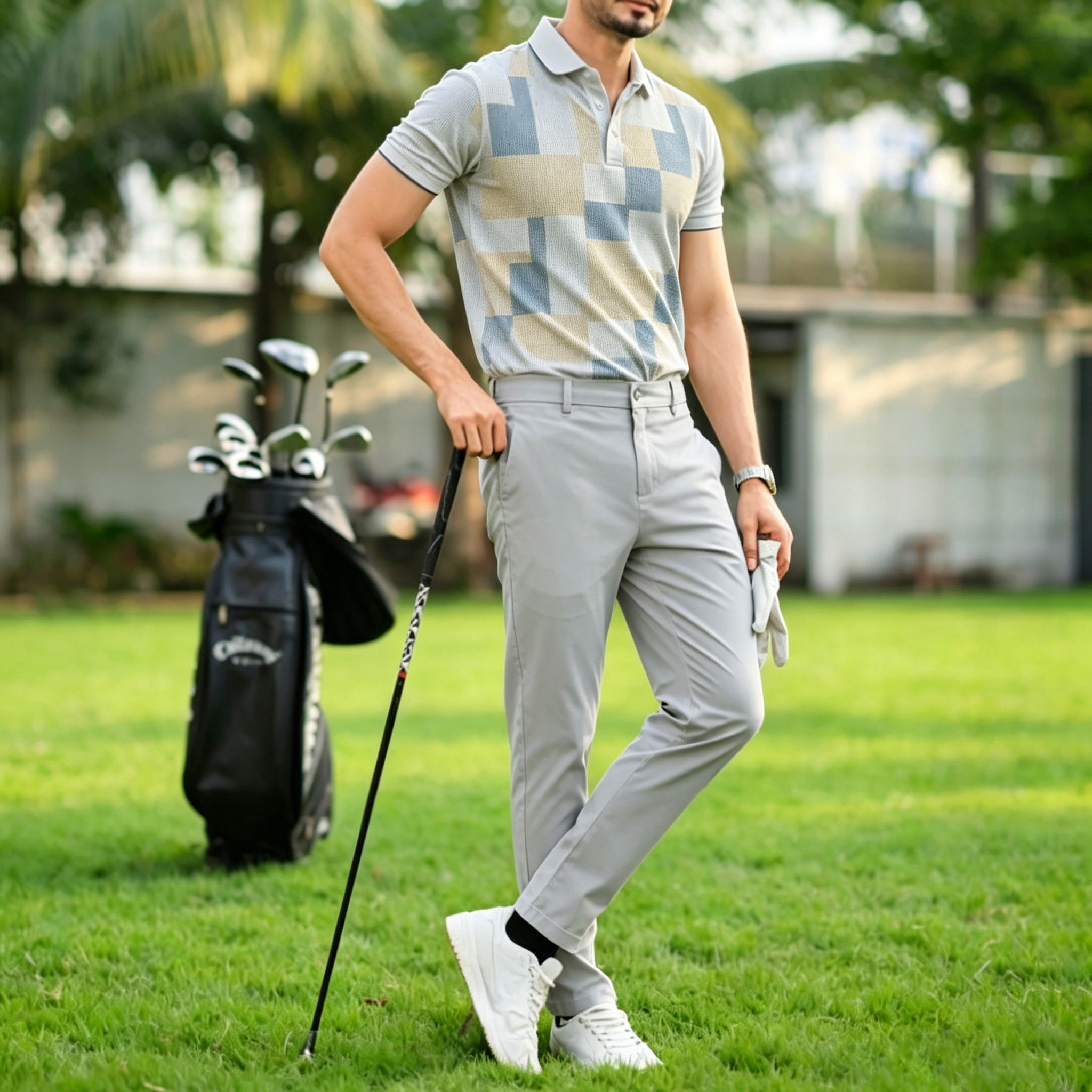 Conjunto de dos piezas casual Gray a cuadros estampado camisa polo And pantalón para hombre