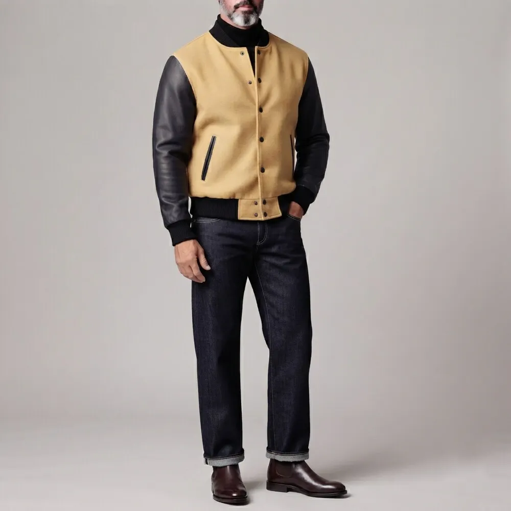 para hombre vintage Woolen Contrast Spliced PU Leather de manga larga Button Up Bomber chaqueta