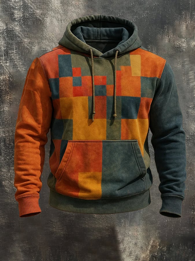 Sudadera retro desgastado en bloques de color estampado casual de manga larga para hombre