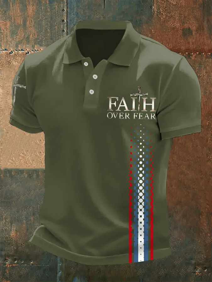 Camisa polo retro Faith “Faith Over Fear�? casual estampado para hombre