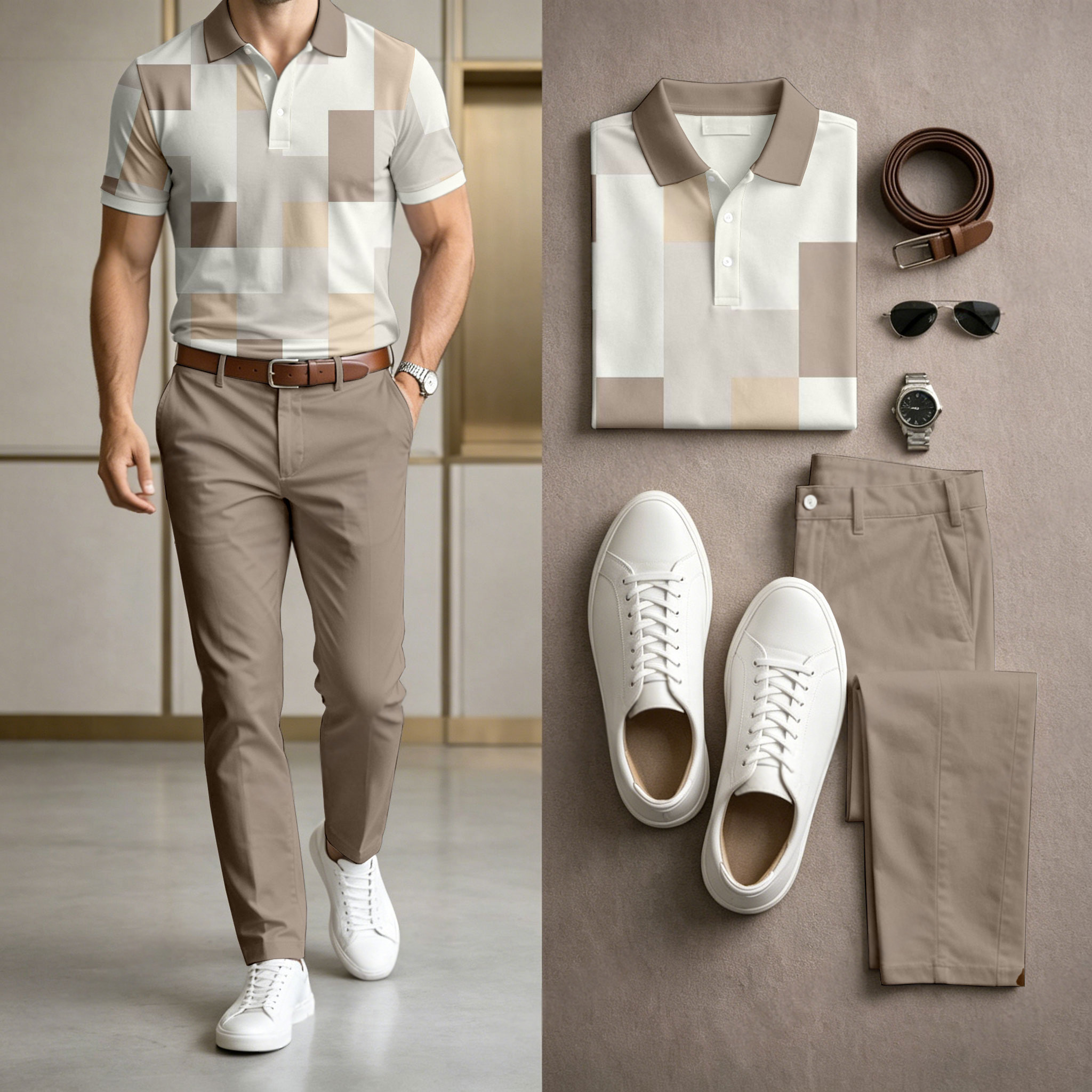 Conjunto de dos piezas casual Gray Geometry estampado camisa polo And pantalón para hombre