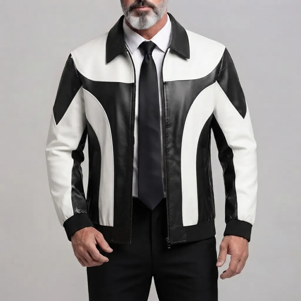 para hombre Navy Blue PU Leather Colorblock Turndown Collar con cierre chaqueta