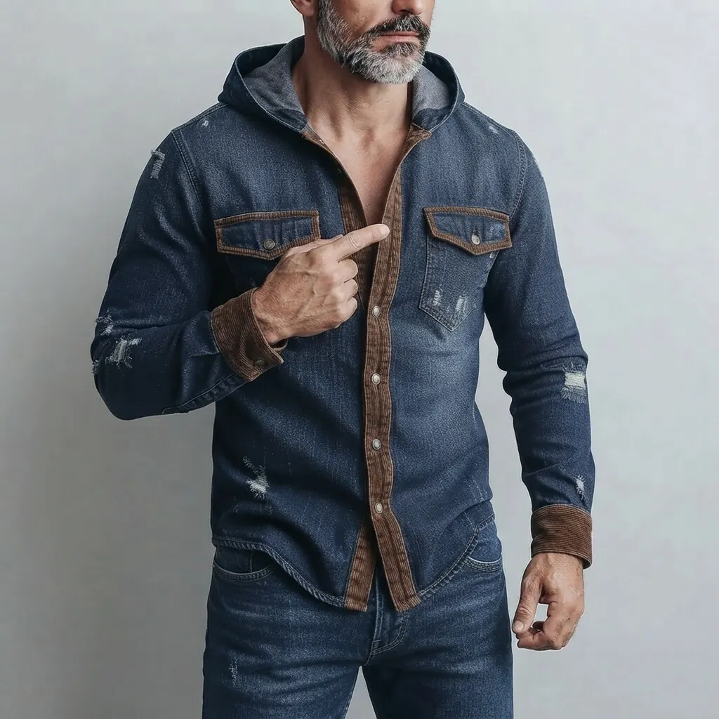 para hombre vintage Denim Contrast Trim Single Breasted Chest Pocket Hooded camisa